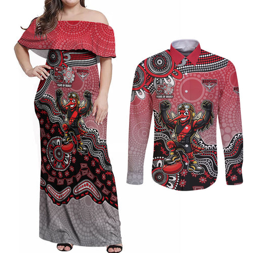 Personalized Essendon Bombers Mascot Couples Matching Off Shoulder Maxi Dress and Long Sleeve Button Shirt Aboriginal Dot Art Style Vibrant Indigenous Pattern Design