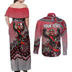Personalized Essendon Bombers Mascot Couples Matching Off Shoulder Maxi Dress and Long Sleeve Button Shirt Aboriginal Dot Art Style Vibrant Indigenous Pattern Design