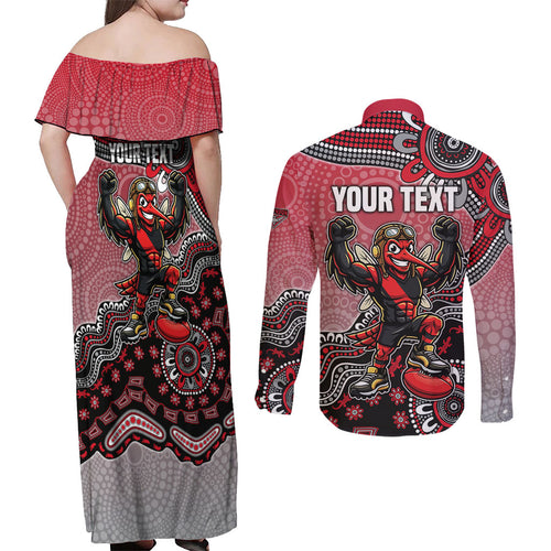 Personalized Essendon Bombers Mascot Couples Matching Off Shoulder Maxi Dress and Long Sleeve Button Shirt Aboriginal Dot Art Style Vibrant Indigenous Pattern Design