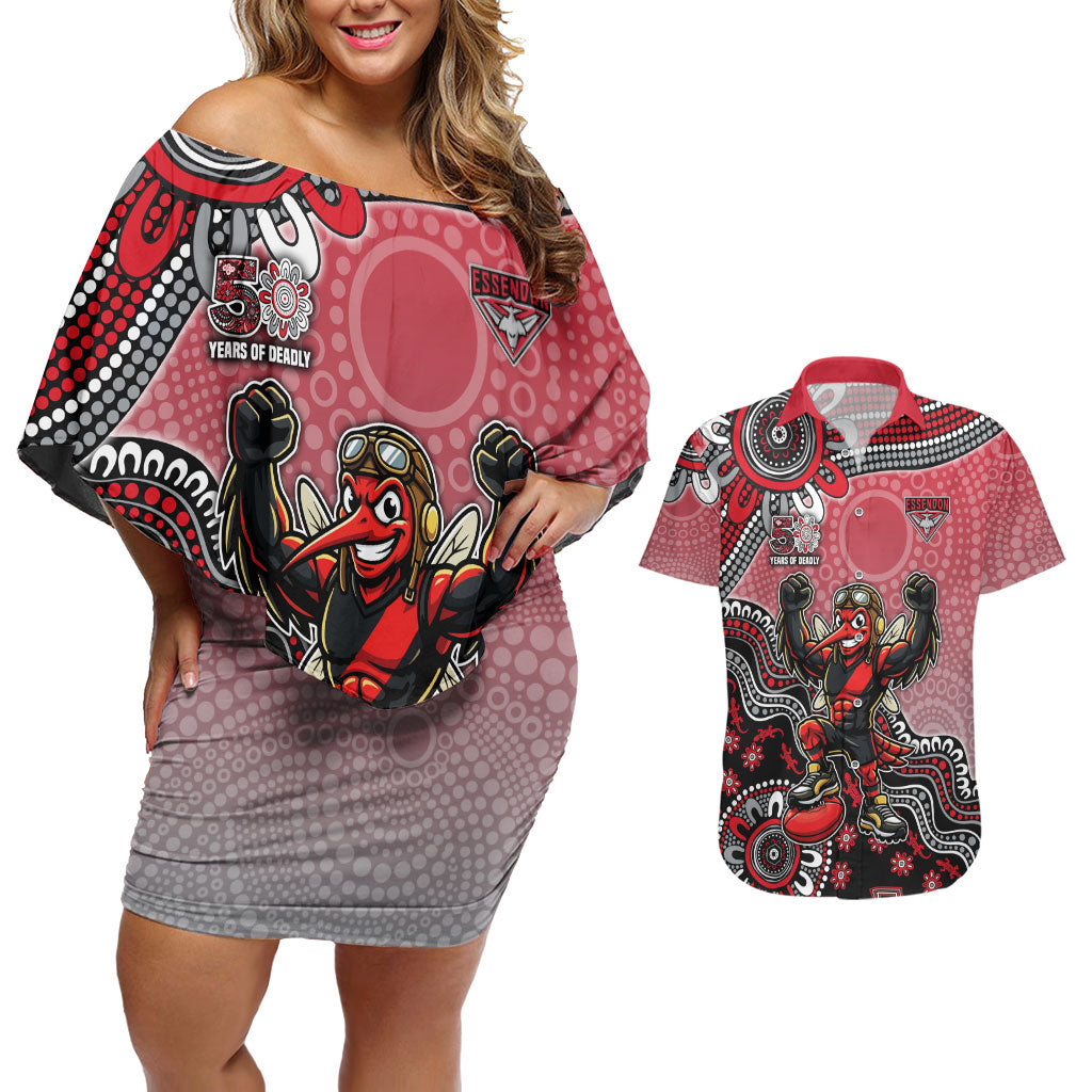 Personalized Essendon Bombers Mascot Couples Matching Off Shoulder Short Dress and Hawaiian Shirt Aboriginal Dot Art Style Vibrant Indigenous Pattern Design