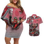 Personalized Essendon Bombers Mascot Couples Matching Off Shoulder Short Dress and Hawaiian Shirt Aboriginal Dot Art Style Vibrant Indigenous Pattern Design