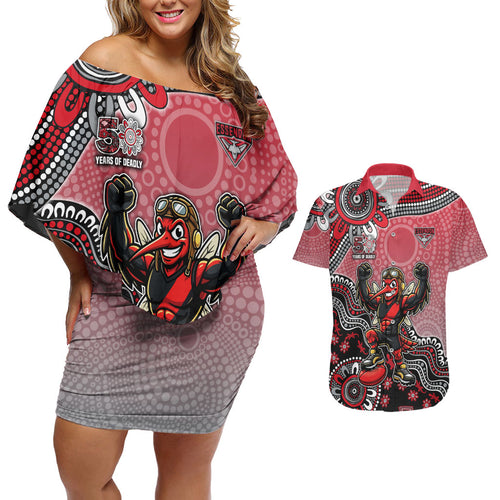 Personalized Essendon Bombers Mascot Couples Matching Off Shoulder Short Dress and Hawaiian Shirt Aboriginal Dot Art Style Vibrant Indigenous Pattern Design