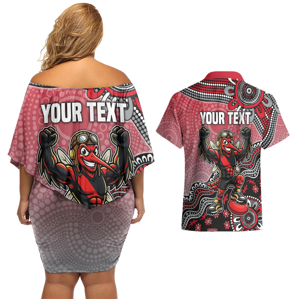 Personalized Essendon Bombers Mascot Couples Matching Off Shoulder Short Dress and Hawaiian Shirt Aboriginal Dot Art Style Vibrant Indigenous Pattern Design