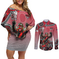 Personalized Essendon Bombers Mascot Couples Matching Off Shoulder Short Dress and Long Sleeve Button Shirt Aboriginal Dot Art Style Vibrant Indigenous Pattern Design
