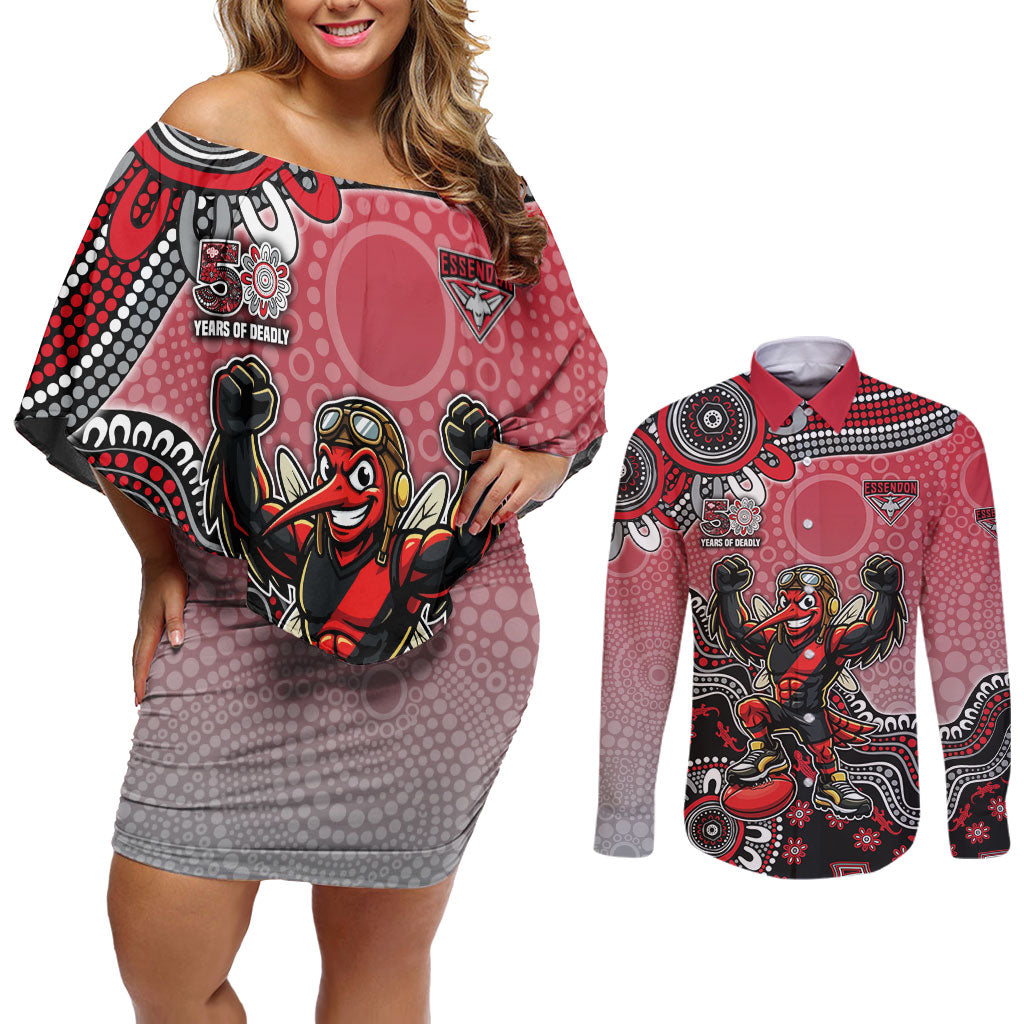 Personalized Essendon Bombers Mascot Couples Matching Off Shoulder Short Dress and Long Sleeve Button Shirt Aboriginal Dot Art Style Vibrant Indigenous Pattern Design