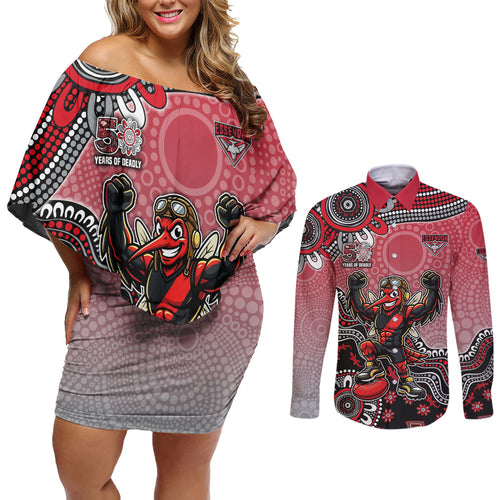 Personalized Essendon Bombers Mascot Couples Matching Off Shoulder Short Dress and Long Sleeve Button Shirt Aboriginal Dot Art Style Vibrant Indigenous Pattern Design