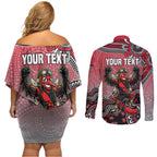Personalized Essendon Bombers Mascot Couples Matching Off Shoulder Short Dress and Long Sleeve Button Shirt Aboriginal Dot Art Style Vibrant Indigenous Pattern Design