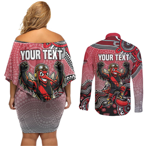 Personalized Essendon Bombers Mascot Couples Matching Off Shoulder Short Dress and Long Sleeve Button Shirt Aboriginal Dot Art Style Vibrant Indigenous Pattern Design