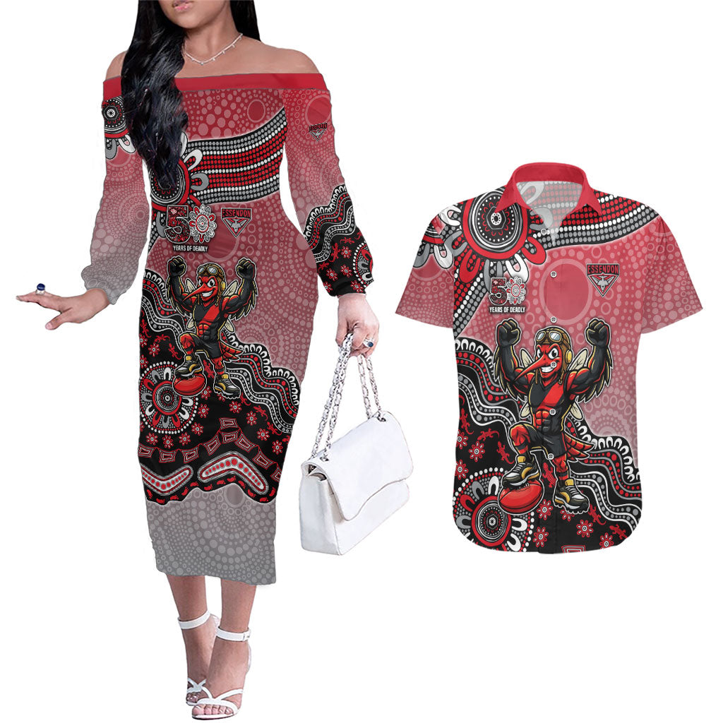 Personalized Essendon Bombers Mascot Couples Matching Off The Shoulder Long Sleeve Dress and Hawaiian Shirt Aboriginal Dot Art Style Vibrant Indigenous Pattern Design