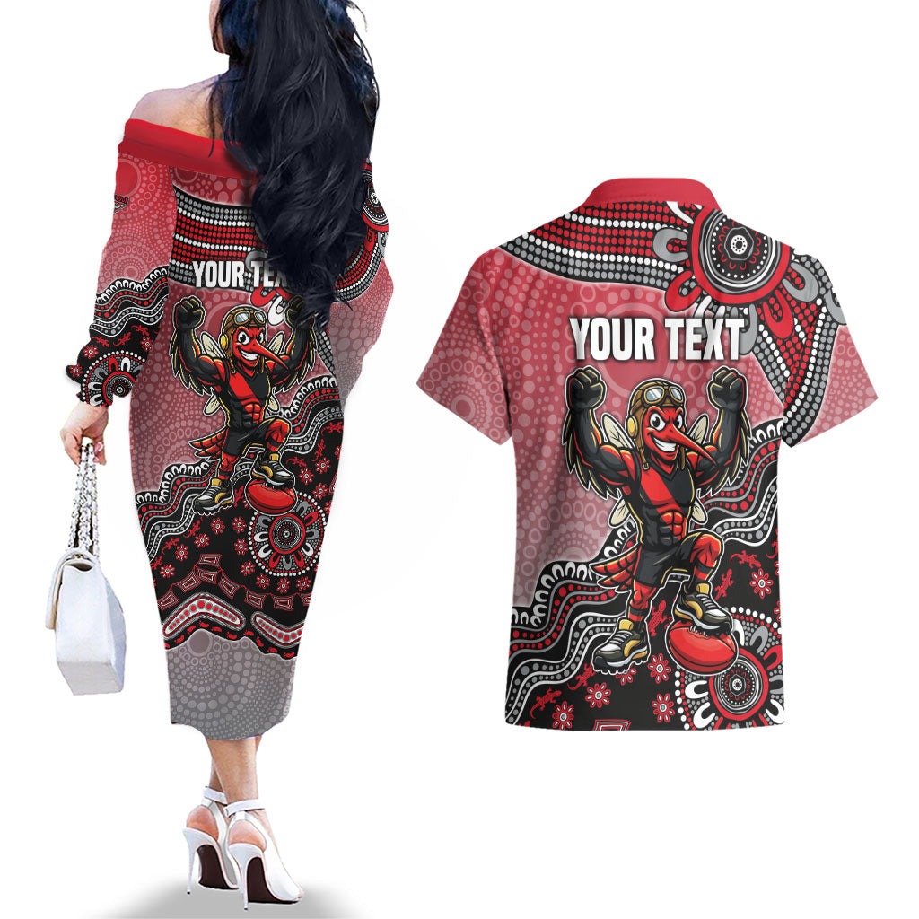 Personalized Essendon Bombers Mascot Couples Matching Off The Shoulder Long Sleeve Dress and Hawaiian Shirt Aboriginal Dot Art Style Vibrant Indigenous Pattern Design