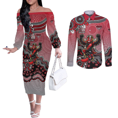Personalized Essendon Bombers Mascot Couples Matching Off The Shoulder Long Sleeve Dress and Long Sleeve Button Shirt Aboriginal Dot Art Style Vibrant Indigenous Pattern Design
