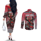 Personalized Essendon Bombers Mascot Couples Matching Off The Shoulder Long Sleeve Dress and Long Sleeve Button Shirt Aboriginal Dot Art Style Vibrant Indigenous Pattern Design