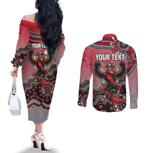 Personalized Essendon Bombers Mascot Couples Matching Off The Shoulder Long Sleeve Dress and Long Sleeve Button Shirt Aboriginal Dot Art Style Vibrant Indigenous Pattern Design