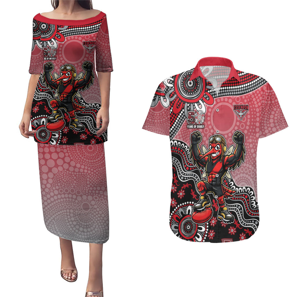 Personalized Essendon Bombers Mascot Couples Matching Puletasi and Hawaiian Shirt Aboriginal Dot Art Style Vibrant Indigenous Pattern Design