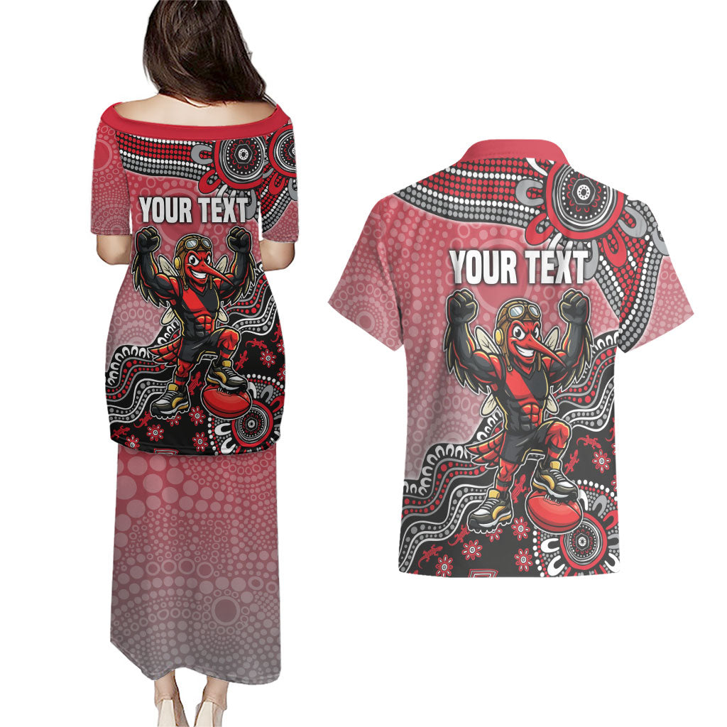 Personalized Essendon Bombers Mascot Couples Matching Puletasi and Hawaiian Shirt Aboriginal Dot Art Style Vibrant Indigenous Pattern Design