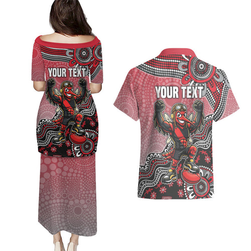Personalized Essendon Bombers Mascot Couples Matching Puletasi and Hawaiian Shirt Aboriginal Dot Art Style Vibrant Indigenous Pattern Design