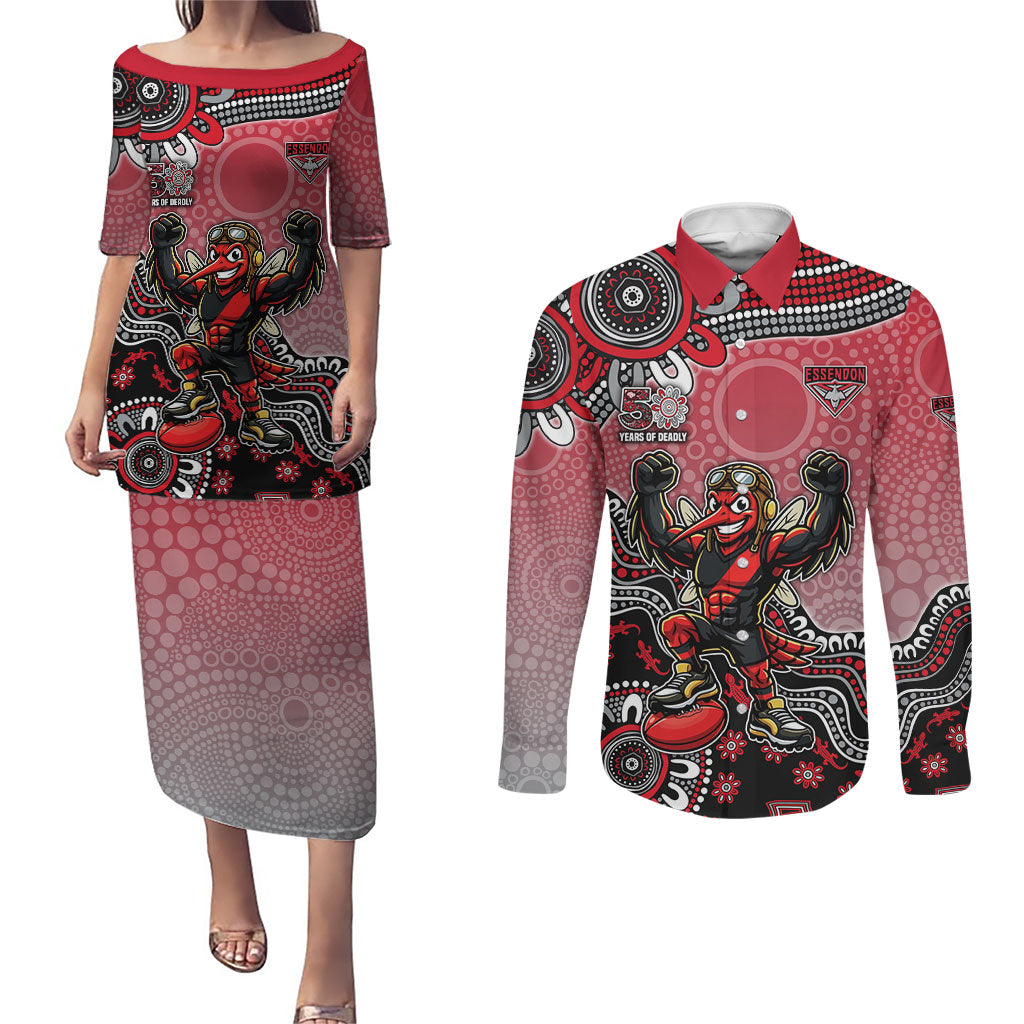 Personalized Essendon Bombers Mascot Couples Matching Puletasi and Long Sleeve Button Shirt Aboriginal Dot Art Style Vibrant Indigenous Pattern Design