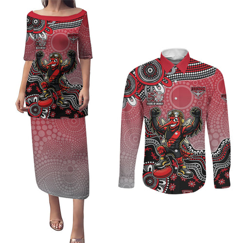 Personalized Essendon Bombers Mascot Couples Matching Puletasi and Long Sleeve Button Shirt Aboriginal Dot Art Style Vibrant Indigenous Pattern Design
