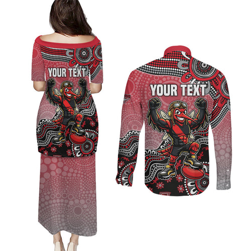 Personalized Essendon Bombers Mascot Couples Matching Puletasi and Long Sleeve Button Shirt Aboriginal Dot Art Style Vibrant Indigenous Pattern Design