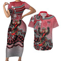 Personalized Essendon Bombers Mascot Couples Matching Short Sleeve Bodycon Dress and Hawaiian Shirt Aboriginal Dot Art Style Vibrant Indigenous Pattern Design