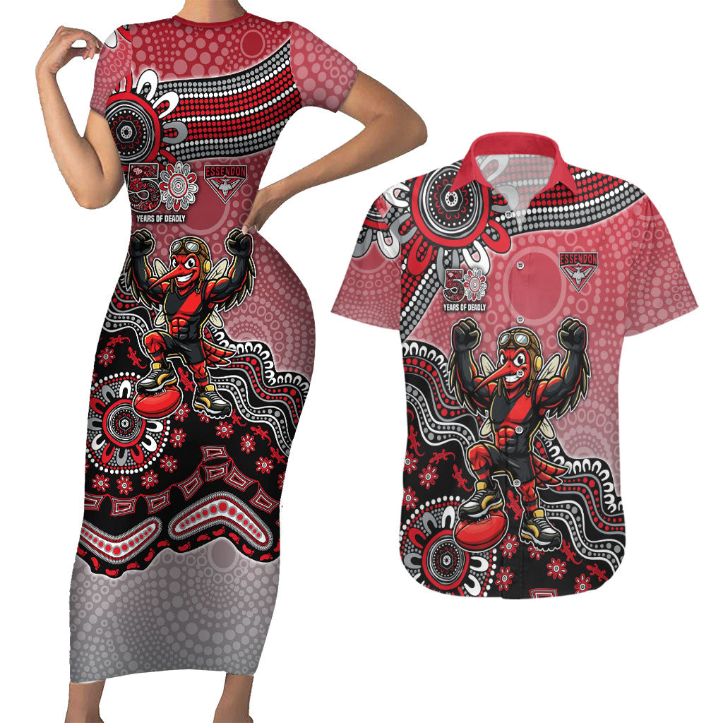 Personalized Essendon Bombers Mascot Couples Matching Short Sleeve Bodycon Dress and Hawaiian Shirt Aboriginal Dot Art Style Vibrant Indigenous Pattern Design