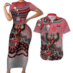 Personalized Essendon Bombers Mascot Couples Matching Short Sleeve Bodycon Dress and Hawaiian Shirt Aboriginal Dot Art Style Vibrant Indigenous Pattern Design