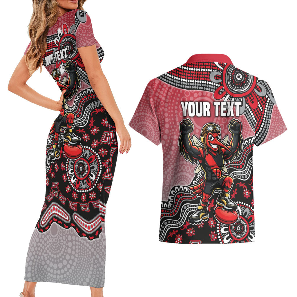 Personalized Essendon Bombers Mascot Couples Matching Short Sleeve Bodycon Dress and Hawaiian Shirt Aboriginal Dot Art Style Vibrant Indigenous Pattern Design