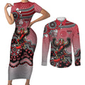 Personalized Essendon Bombers Mascot Couples Matching Short Sleeve Bodycon Dress and Long Sleeve Button Shirt Aboriginal Dot Art Style Vibrant Indigenous Pattern Design