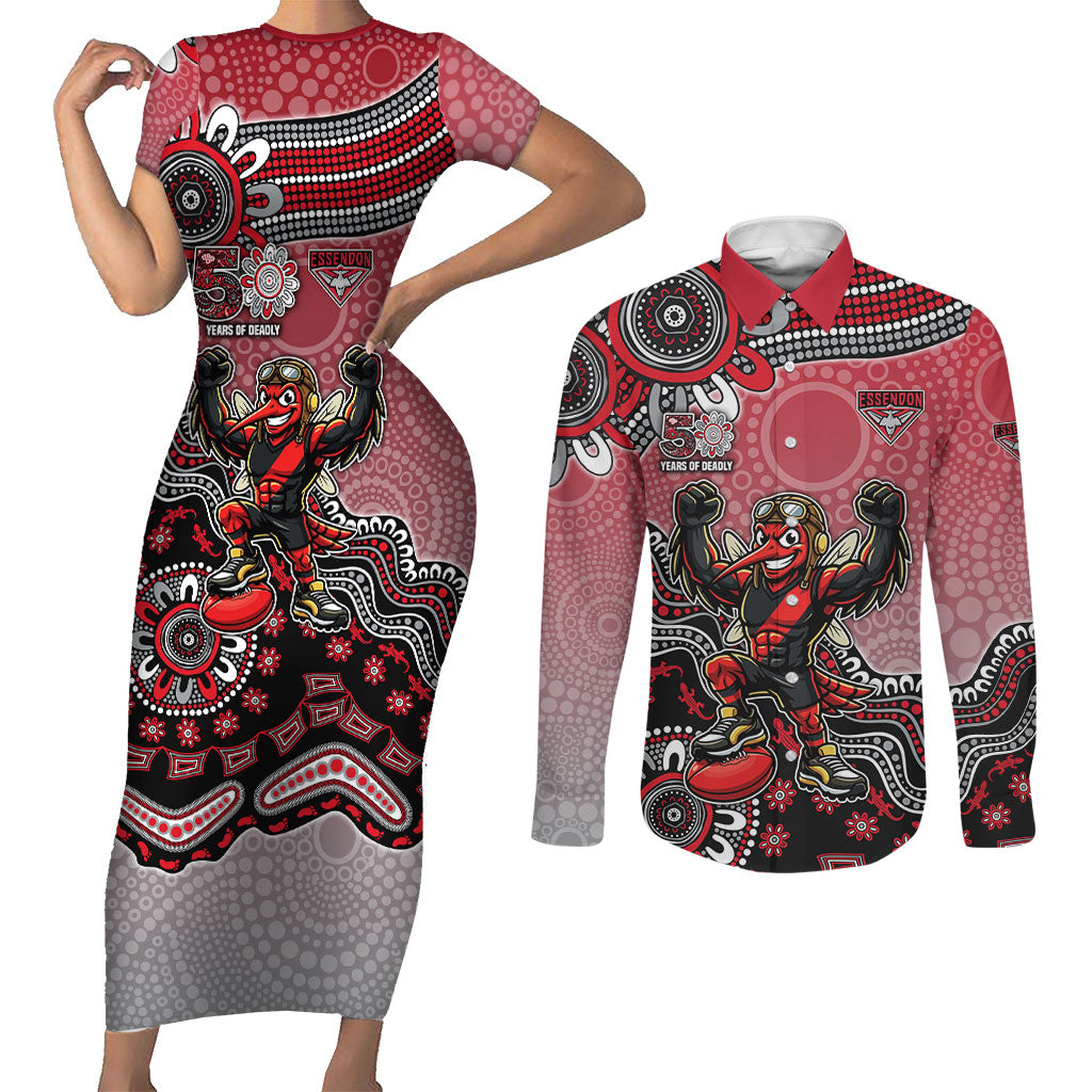 Personalized Essendon Bombers Mascot Couples Matching Short Sleeve Bodycon Dress and Long Sleeve Button Shirt Aboriginal Dot Art Style Vibrant Indigenous Pattern Design