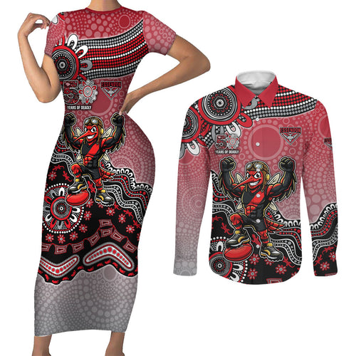 Personalized Essendon Bombers Mascot Couples Matching Short Sleeve Bodycon Dress and Long Sleeve Button Shirt Aboriginal Dot Art Style Vibrant Indigenous Pattern Design