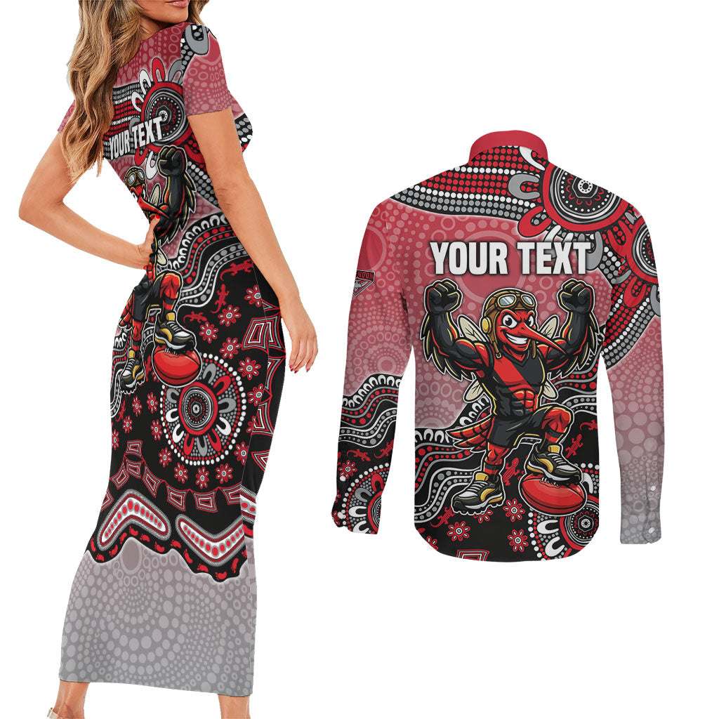 Personalized Essendon Bombers Mascot Couples Matching Short Sleeve Bodycon Dress and Long Sleeve Button Shirt Aboriginal Dot Art Style Vibrant Indigenous Pattern Design