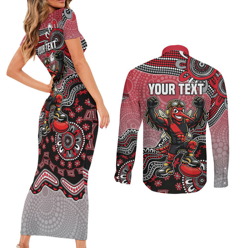 Personalized Essendon Bombers Mascot Couples Matching Short Sleeve Bodycon Dress and Long Sleeve Button Shirt Aboriginal Dot Art Style Vibrant Indigenous Pattern Design