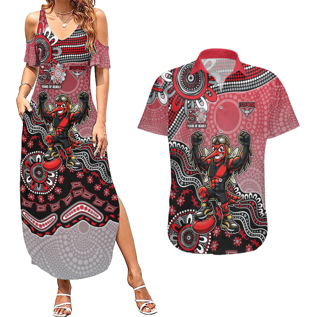 Personalized Essendon Bombers Mascot Couples Matching Summer Maxi Dress and Hawaiian Shirt Aboriginal Dot Art Style Vibrant Indigenous Pattern Design