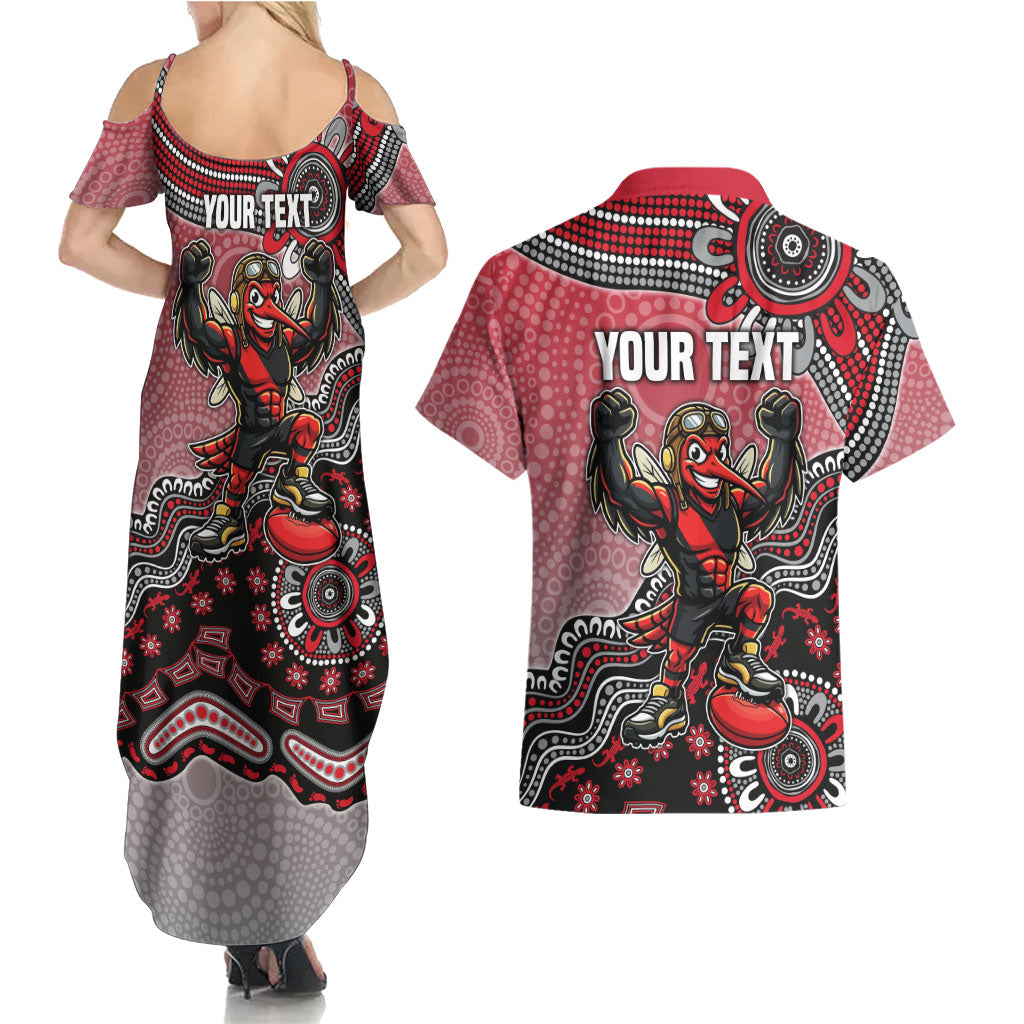 Personalized Essendon Bombers Mascot Couples Matching Summer Maxi Dress and Hawaiian Shirt Aboriginal Dot Art Style Vibrant Indigenous Pattern Design