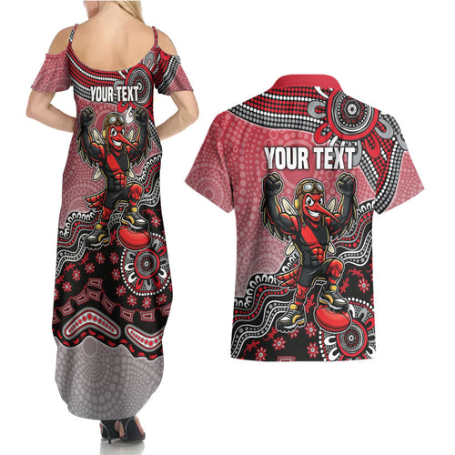 Personalized Essendon Bombers Mascot Couples Matching Summer Maxi Dress and Hawaiian Shirt Aboriginal Dot Art Style Vibrant Indigenous Pattern Design