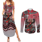 Personalized Essendon Bombers Mascot Couples Matching Summer Maxi Dress and Long Sleeve Button Shirt Aboriginal Dot Art Style Vibrant Indigenous Pattern Design