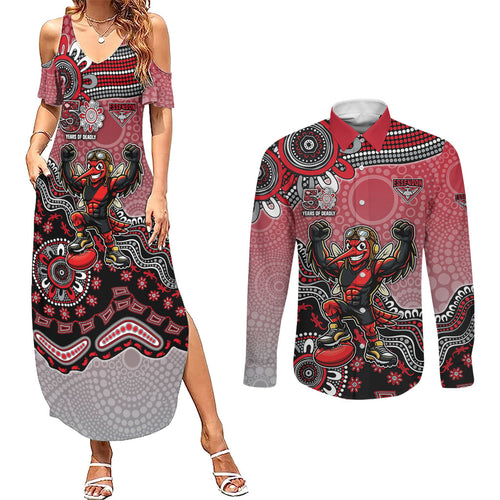 Personalized Essendon Bombers Mascot Couples Matching Summer Maxi Dress and Long Sleeve Button Shirt Aboriginal Dot Art Style Vibrant Indigenous Pattern Design
