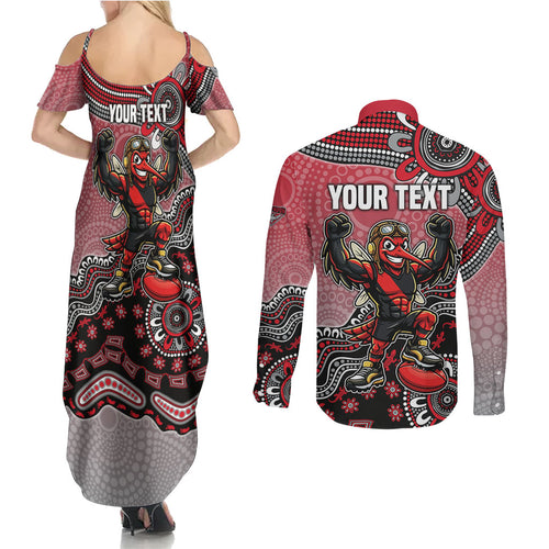 Personalized Essendon Bombers Mascot Couples Matching Summer Maxi Dress and Long Sleeve Button Shirt Aboriginal Dot Art Style Vibrant Indigenous Pattern Design