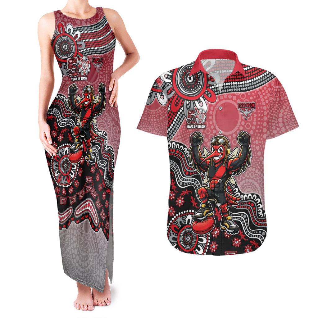 Personalized Essendon Bombers Mascot Couples Matching Tank Maxi Dress and Hawaiian Shirt Aboriginal Dot Art Style Vibrant Indigenous Pattern Design