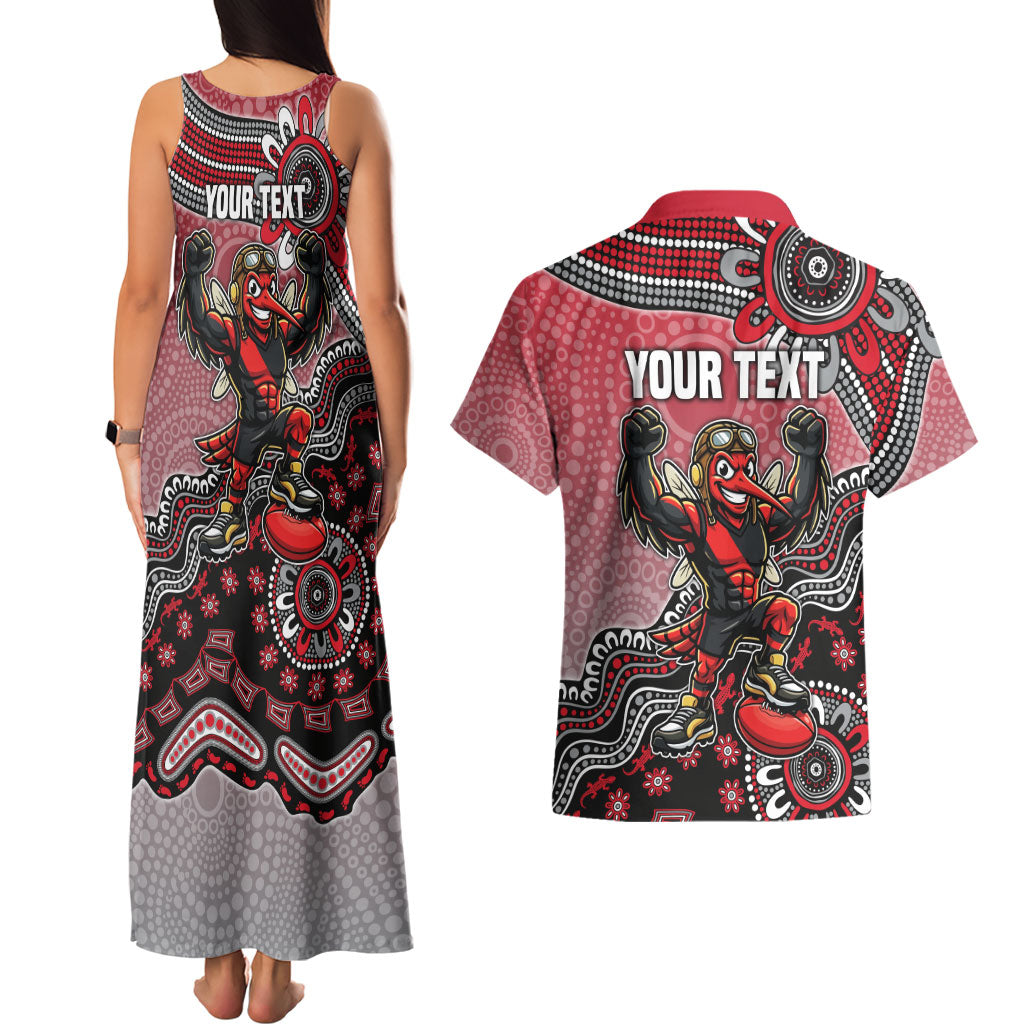 Personalized Essendon Bombers Mascot Couples Matching Tank Maxi Dress and Hawaiian Shirt Aboriginal Dot Art Style Vibrant Indigenous Pattern Design