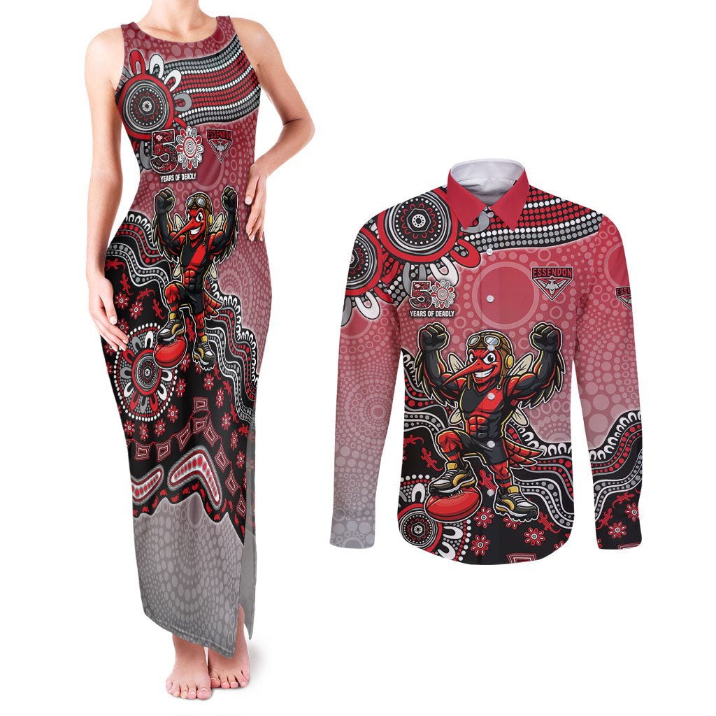 Personalized Essendon Bombers Mascot Couples Matching Tank Maxi Dress and Long Sleeve Button Shirt Aboriginal Dot Art Style Vibrant Indigenous Pattern Design