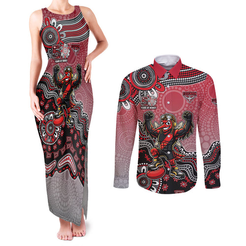 Personalized Essendon Bombers Mascot Couples Matching Tank Maxi Dress and Long Sleeve Button Shirt Aboriginal Dot Art Style Vibrant Indigenous Pattern Design