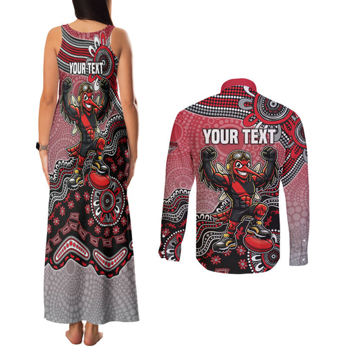 Personalized Essendon Bombers Mascot Couples Matching Tank Maxi Dress and Long Sleeve Button Shirt Aboriginal Dot Art Style Vibrant Indigenous Pattern Design
