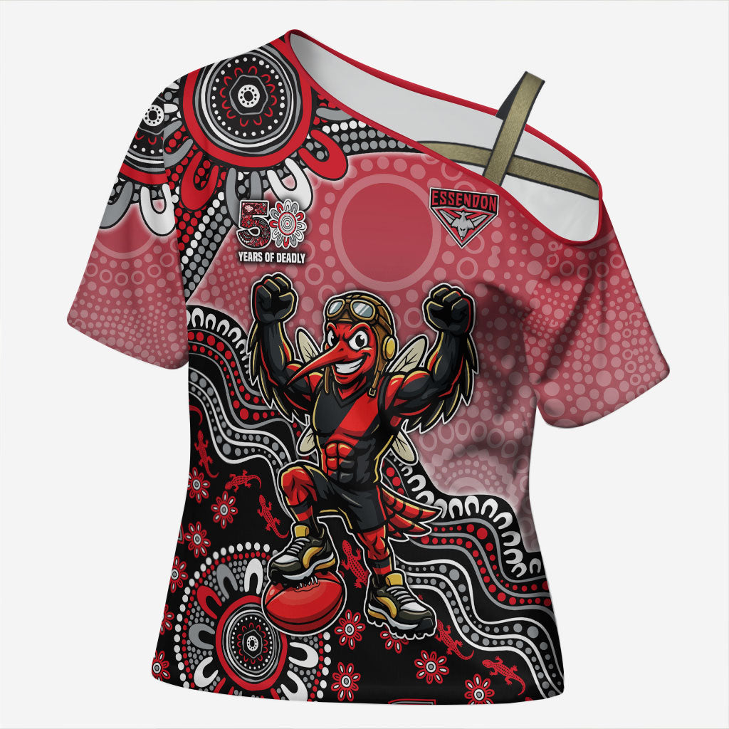 Personalized Essendon Bombers Mascot Cross Shoulder Shirt Aboriginal Dot Art Style Vibrant Indigenous Pattern Design