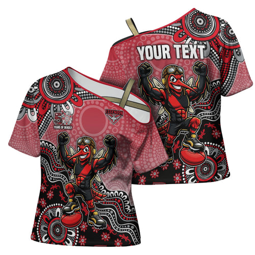 Personalized Essendon Bombers Mascot Cross Shoulder Shirt Aboriginal Dot Art Style Vibrant Indigenous Pattern Design