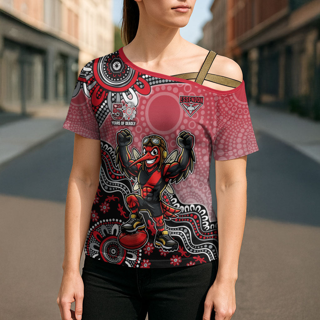 Personalized Essendon Bombers Mascot Cross Shoulder Shirt Aboriginal Dot Art Style Vibrant Indigenous Pattern Design