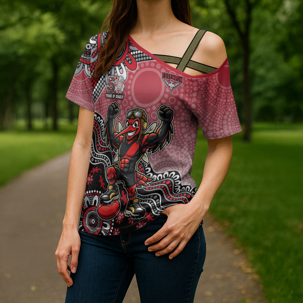 Personalized Essendon Bombers Mascot Cross Shoulder Shirt Aboriginal Dot Art Style Vibrant Indigenous Pattern Design