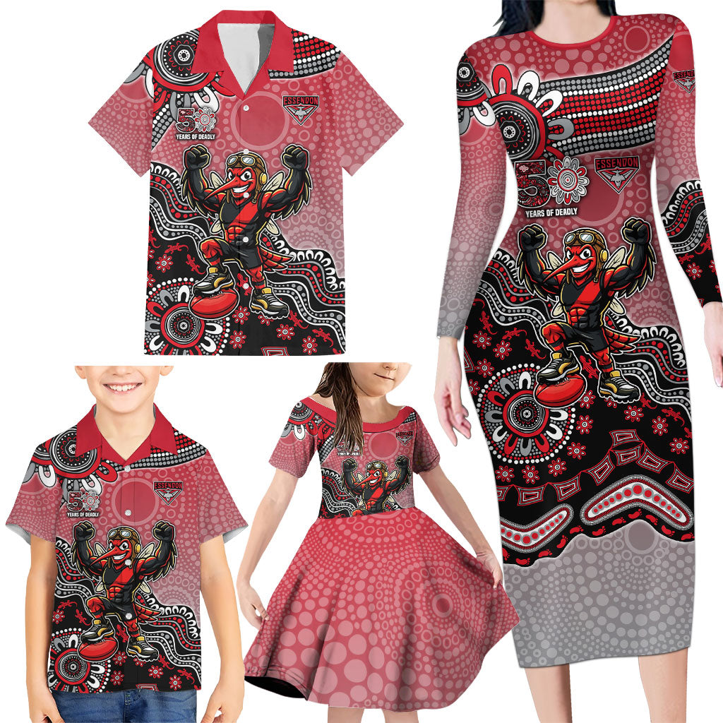 Personalized Essendon Bombers Mascot Family Matching Long Sleeve Bodycon Dress and Hawaiian Shirt Aboriginal Dot Art Style Vibrant Indigenous Pattern Design