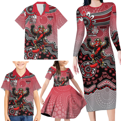 Personalized Essendon Bombers Mascot Family Matching Long Sleeve Bodycon Dress and Hawaiian Shirt Aboriginal Dot Art Style Vibrant Indigenous Pattern Design