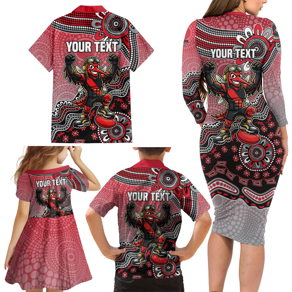 Personalized Essendon Bombers Mascot Family Matching Long Sleeve Bodycon Dress and Hawaiian Shirt Aboriginal Dot Art Style Vibrant Indigenous Pattern Design